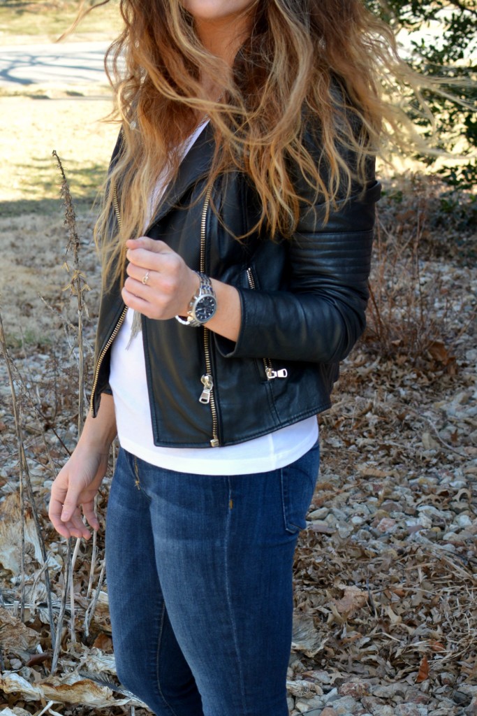 Ashley from LSR in a leather biker jacket and Joe's jeans