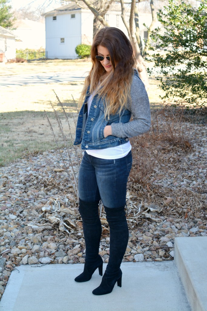 Ashley from LSR in Silver jeans and jacket, Stuart Weitzman Highland boots