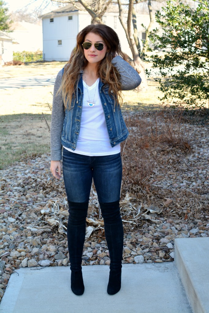 Ashley from LSR in Silver jeans and jacket, Stuart Weitzman Highland boots