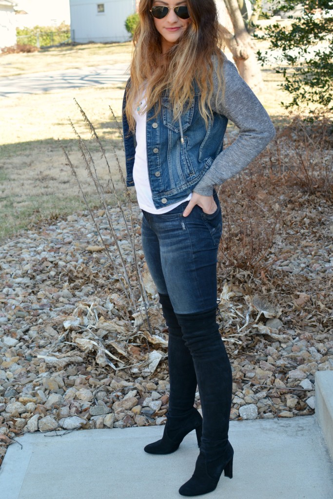 Ashley from LSR in Silver jeans and jacket, Stuart Weitzman Highland boots