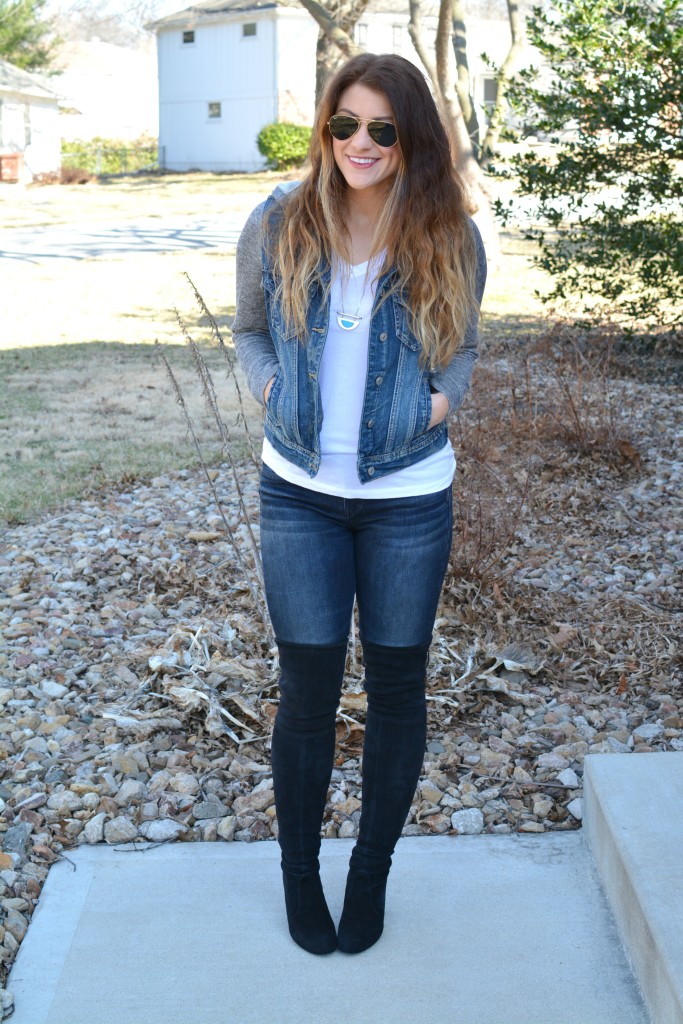 Ashley from LSR in Silver jeans and jacket, Stuart Weitzman Highland boots