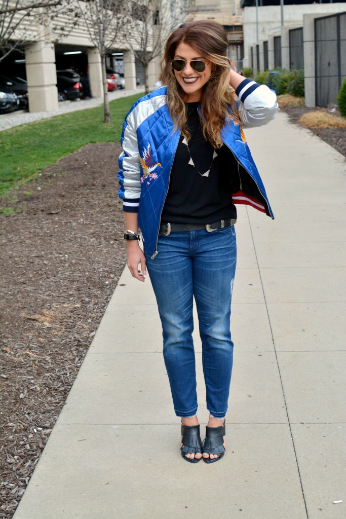 Ashley from LSR in a Topshop souvenir jacket, Gap jeans, and fringe sandals for KCFW 2016