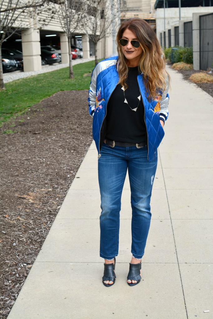 Ashley from LSR in a Topshop souvenir jacket, Gap jeans, and fringe sandals for KCFW 2016