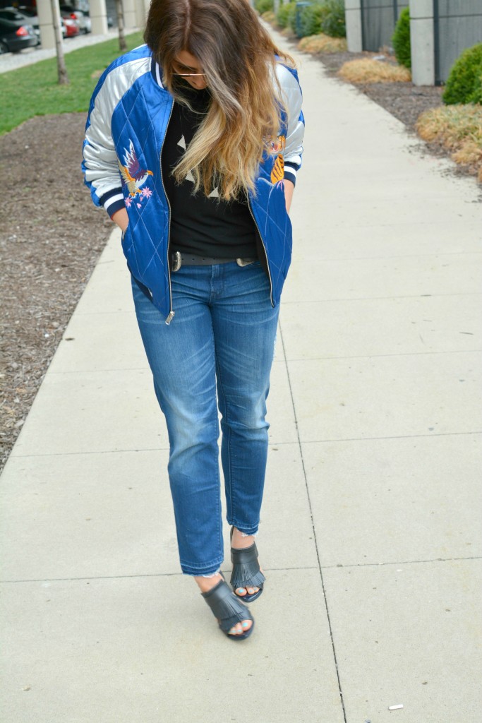 Ashley from LSR in a Topshop souvenir jacket, Gap jeans, and fringe sandals for KCFW 2016