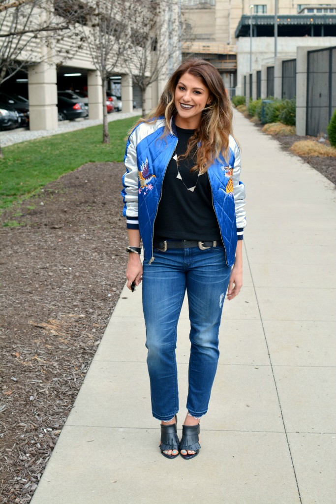 Ashley from LSR in a Topshop souvenir jacket, Gap jeans, and fringe sandals for KCFW 2016