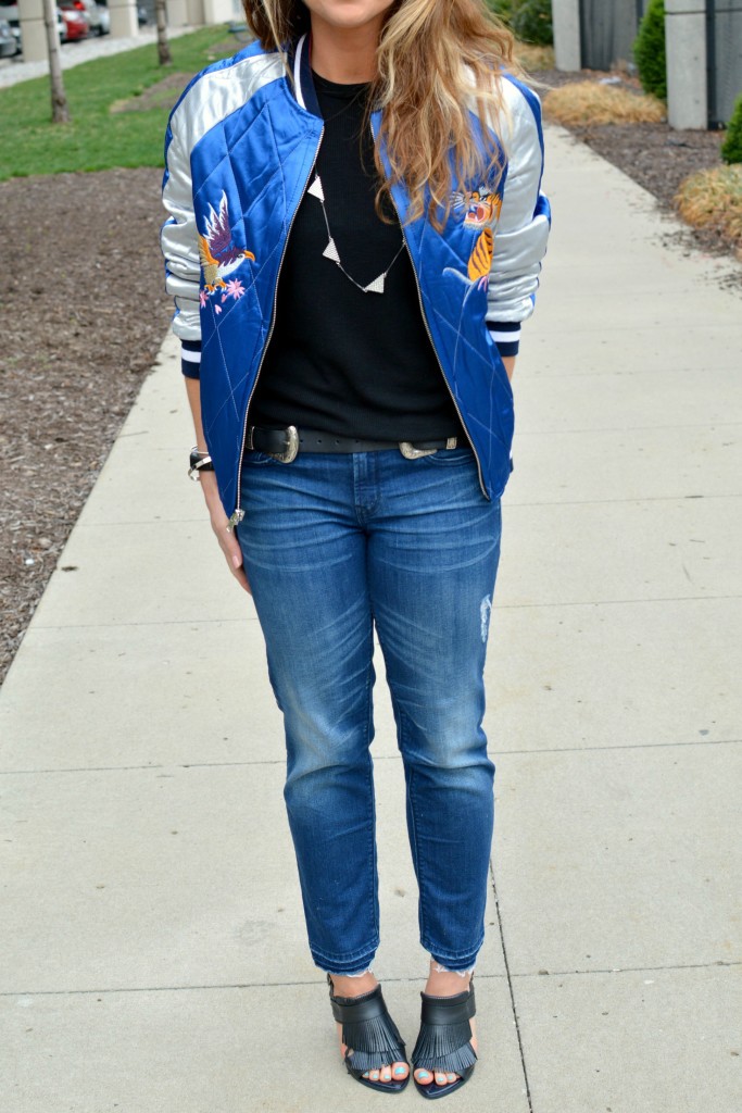 Ashley from LSR in a Topshop souvenir jacket, Gap jeans, and fringe sandals for KCFW 2016