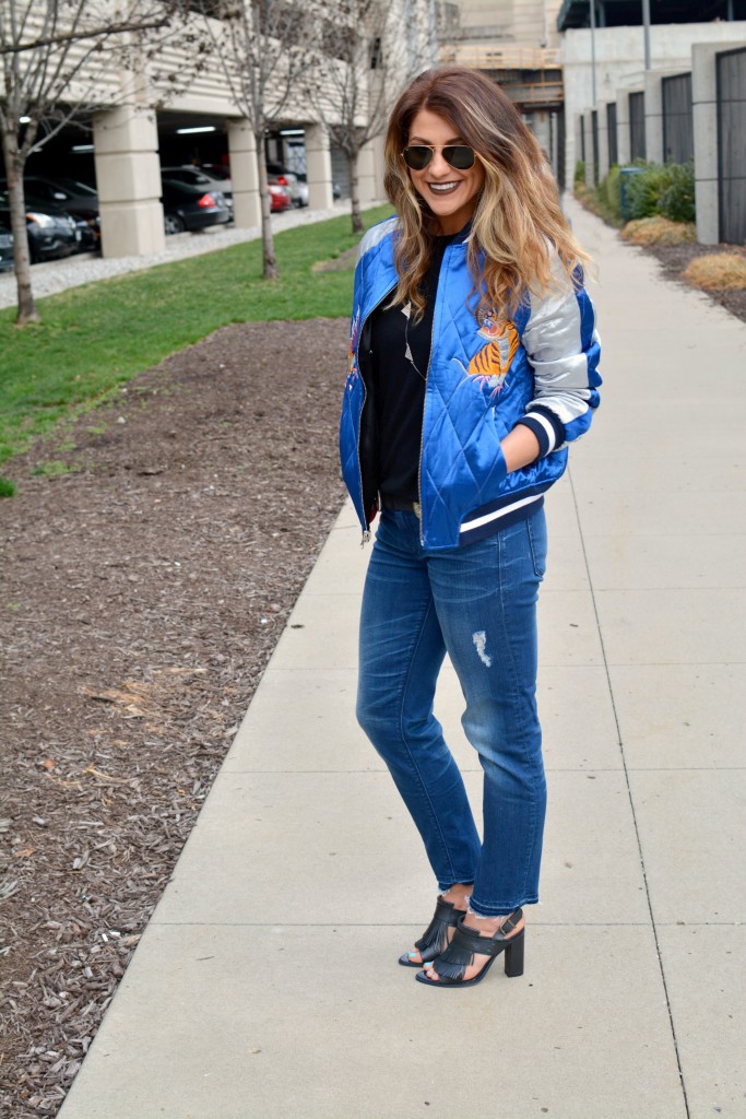 Ashley from LSR in a Topshop souvenir jacket, Gap jeans, and fringe sandals for KCFW 2016