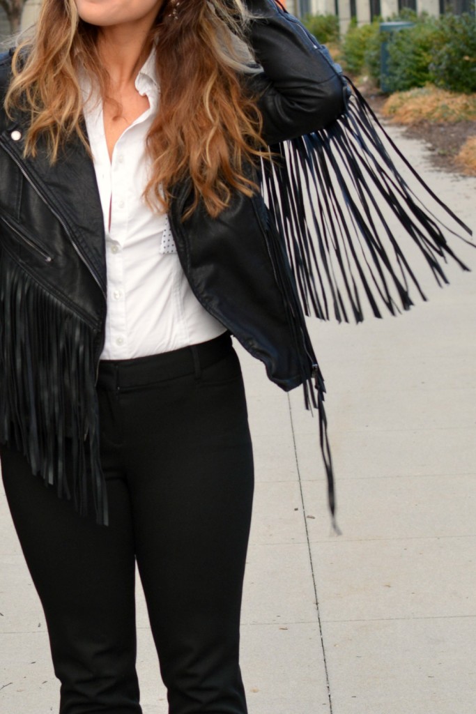 Ashley from LSR in a fringe faux leather jacket for KCFW