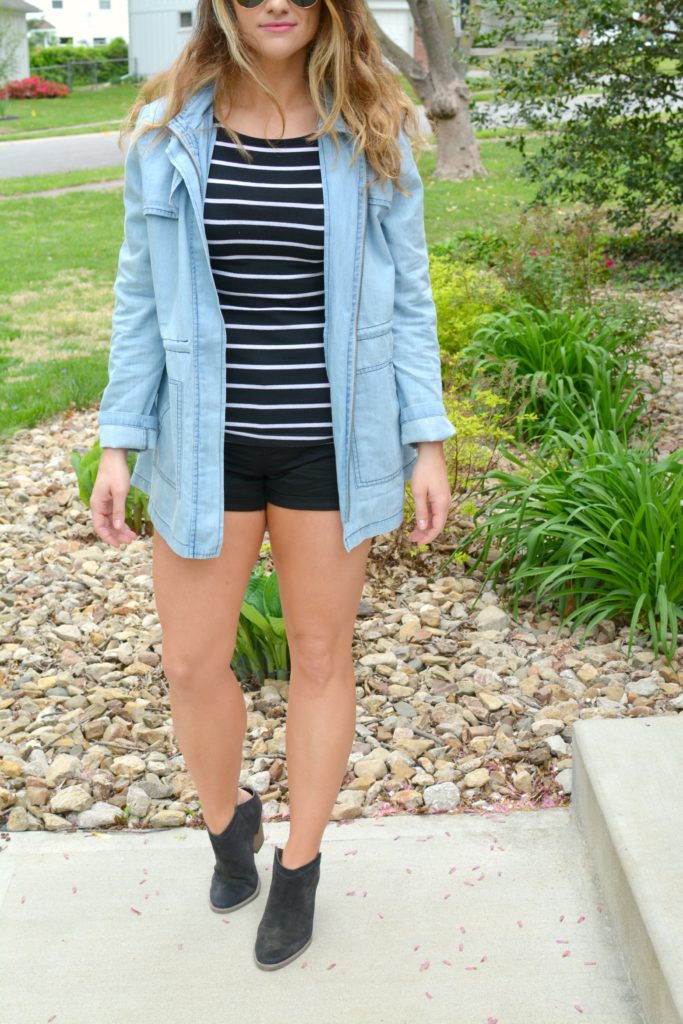 Ashley from LSR in a BB Dakota chambray jacket, black stripes, and Dolce Vita boots