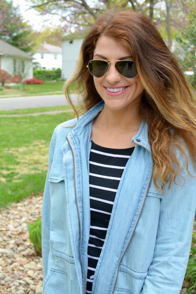 Ashley from LSR in a BB Dakota chambray jacket and black stripes