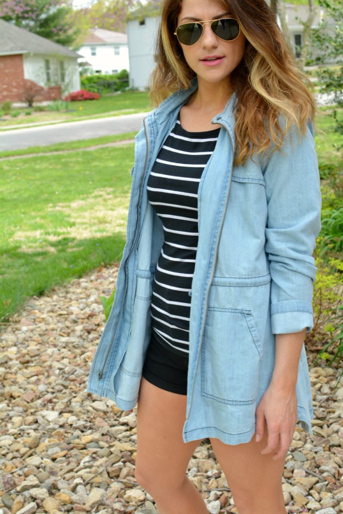 Ashley from LSR in a BB Dakota chambray jacket and black stripes