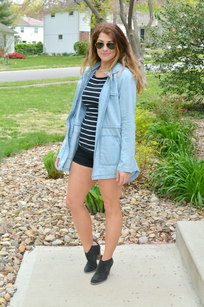 Ashley from LSR in a BB Dakota chambray jacket, black stripes, and Dolce Vita boots