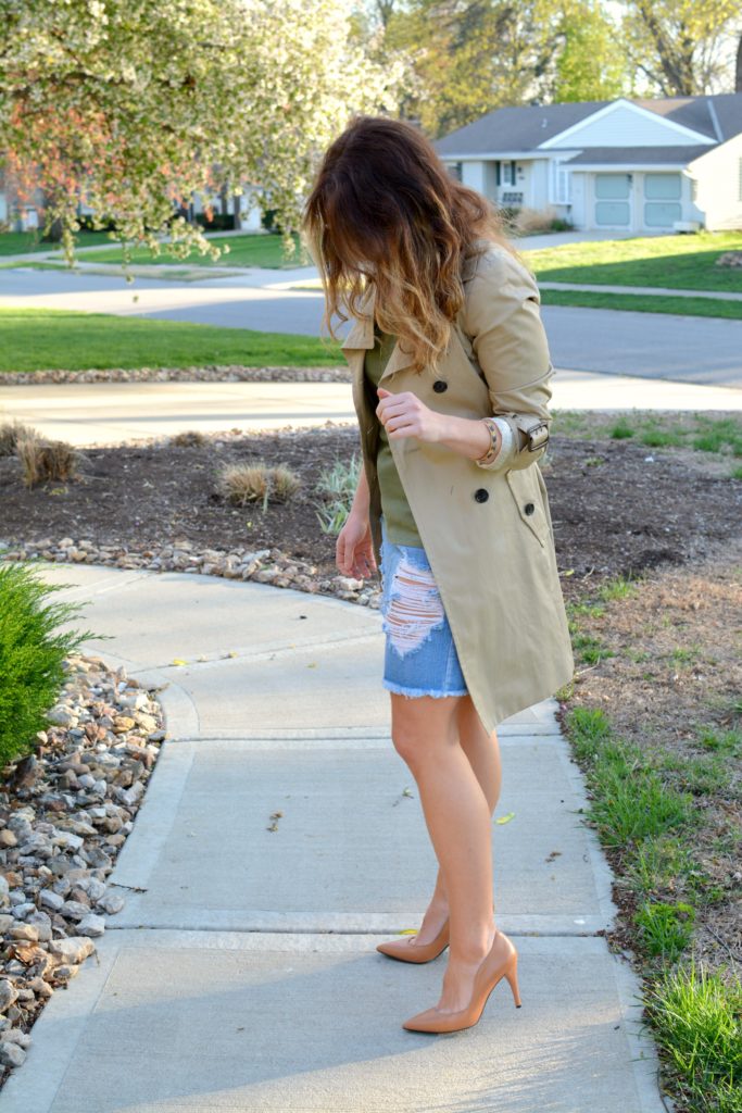 Ashley from LSR in a classic trench coat and a destroyed denim pencil skirt