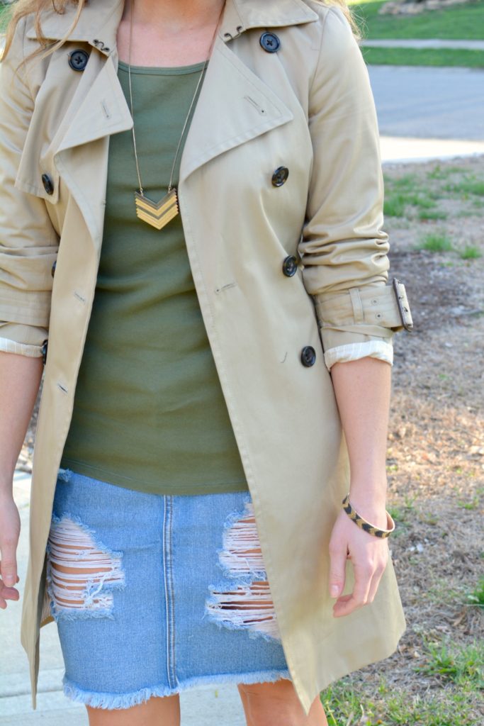 Ashley from LSR in a classic trench coat and a destroyed denim pencil skirt