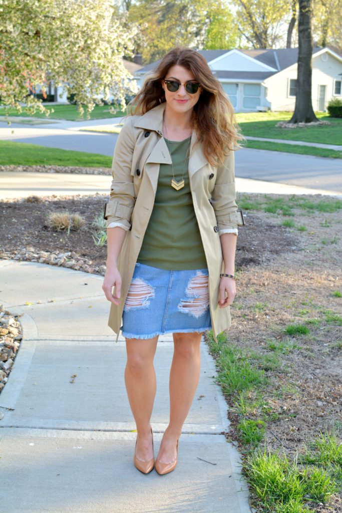 Ashley from LSR in a classic trench coat and a destroyed denim pencil skirt