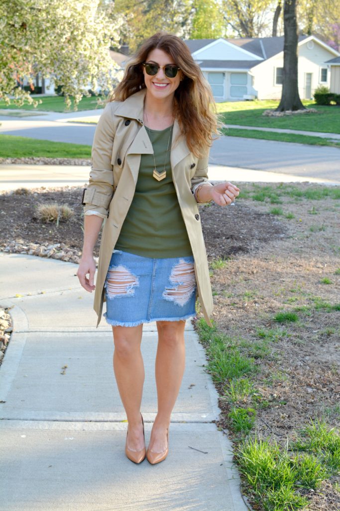 Ashley from LSR in a classic trench coat and a destroyed denim pencil skirt