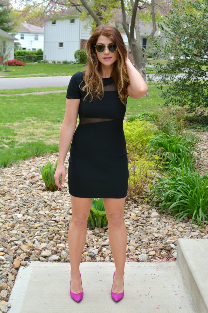 Ashley from LSR in a little black dress with mesh cutouts and fuchsia pumps 