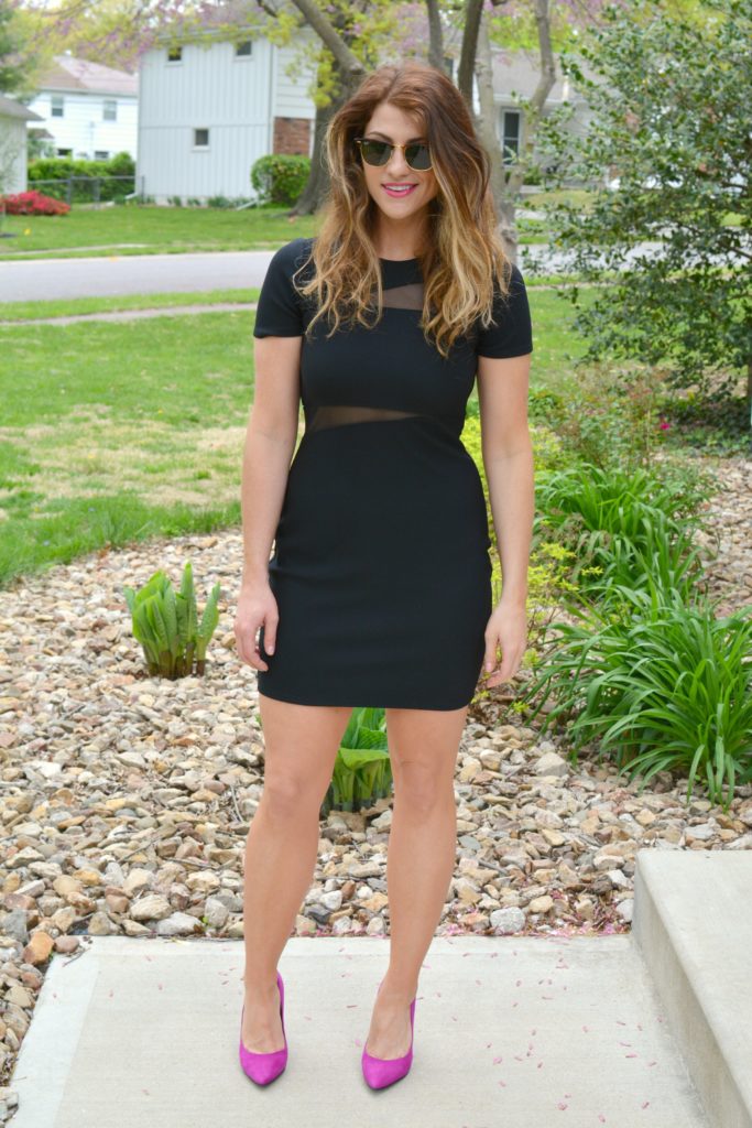 Ashley from LSR in a little black dress with mesh cutouts and fuchsia pumps 