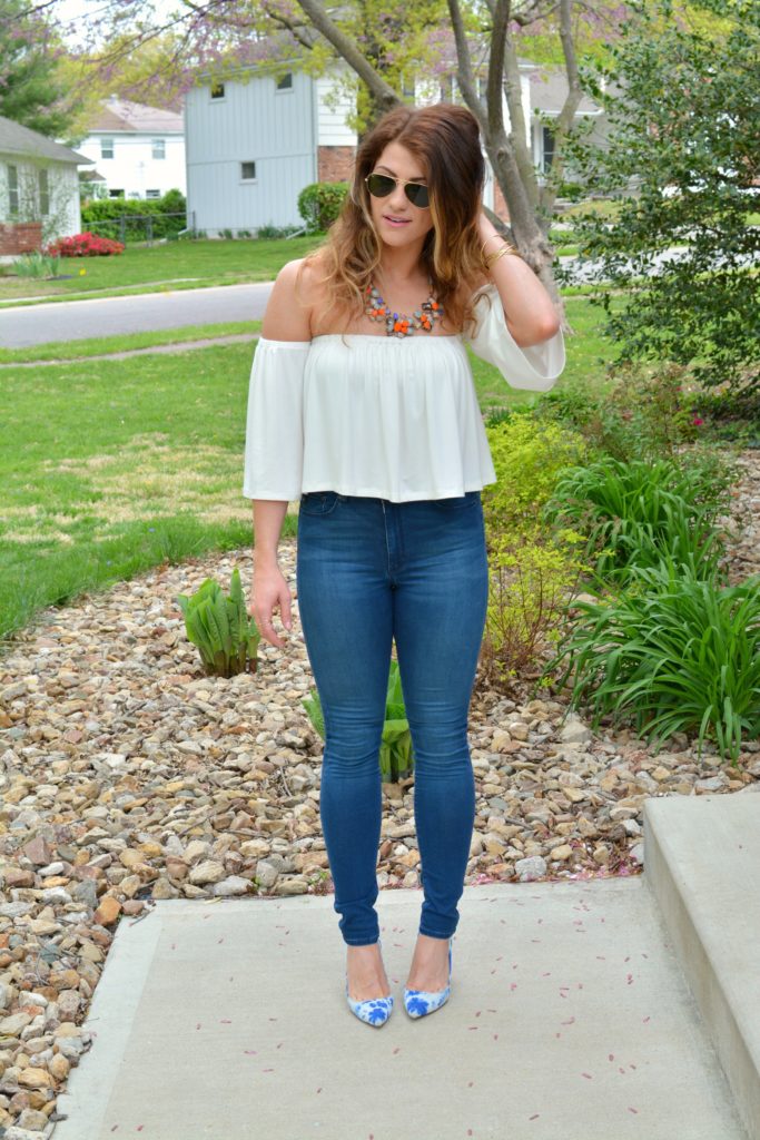 Ashley from LSR in the Rachel Pally off-the-shoulder top and tie dye pumps