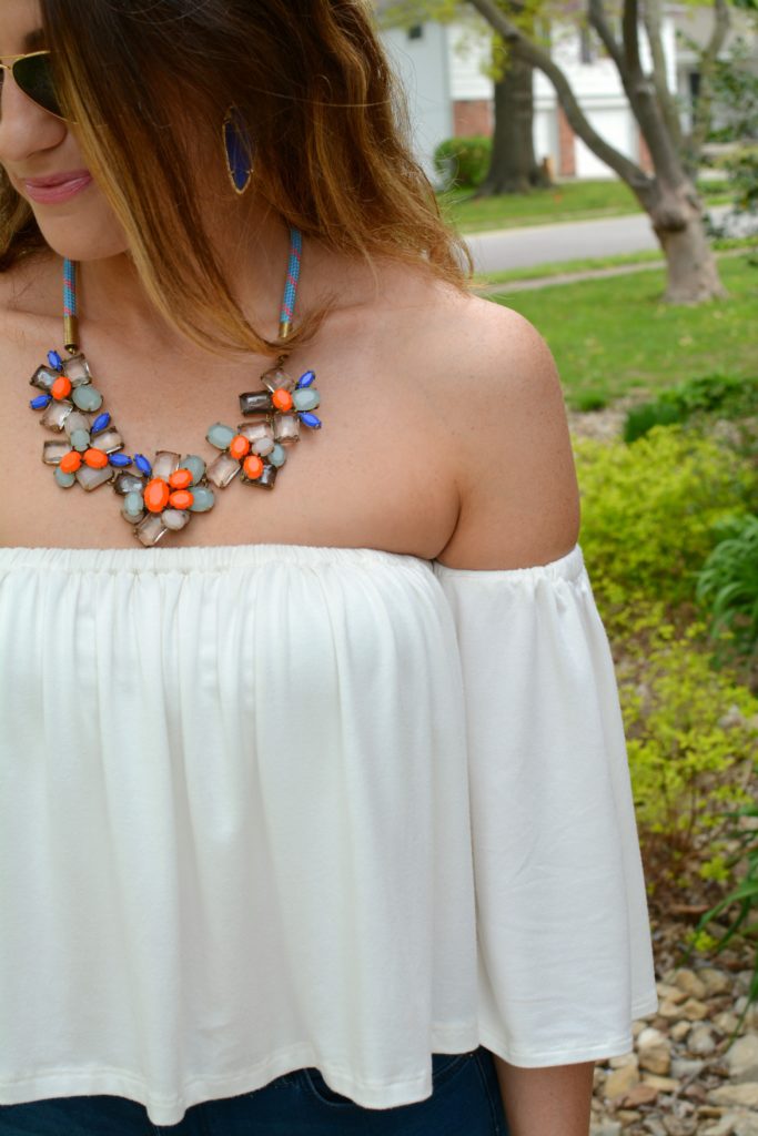 Ashley from LSR in the Rachel Pally off-the-shoulder top and JCrew statement necklace
