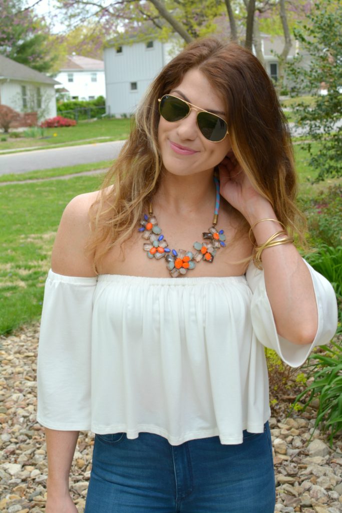 Ashley from LSR in the Rachel Pally off-the-shoulder top and JCrew statement necklace