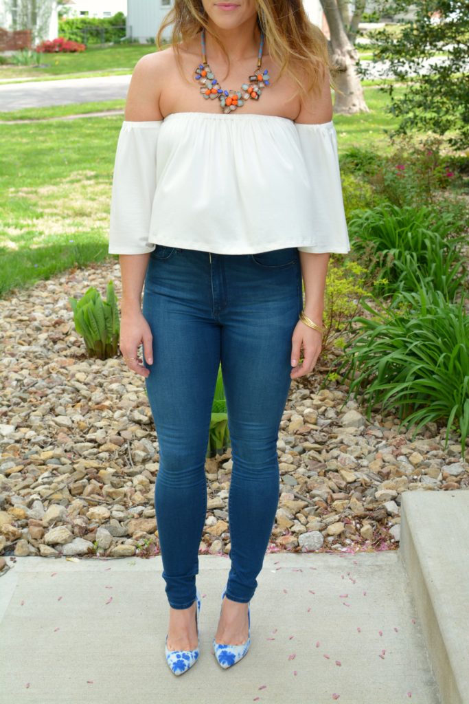Ashley from LSR in the Rachel Pally off-the-shoulder top and tie dye pumps