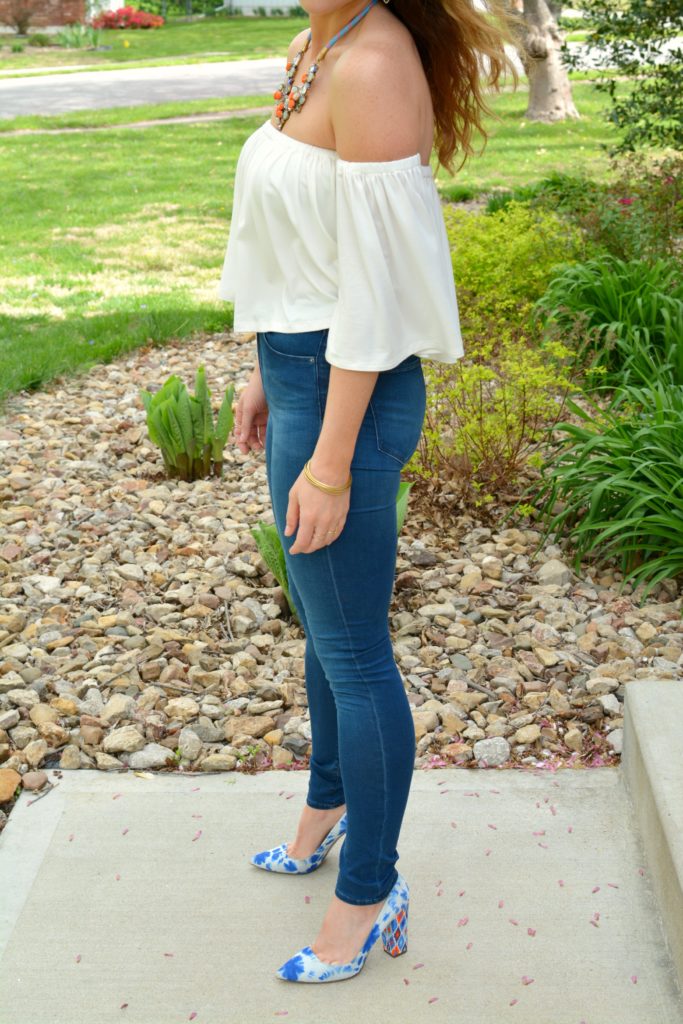 Ashley from LSR in the Rachel Pally off-the-shoulder top and tie dye pumps