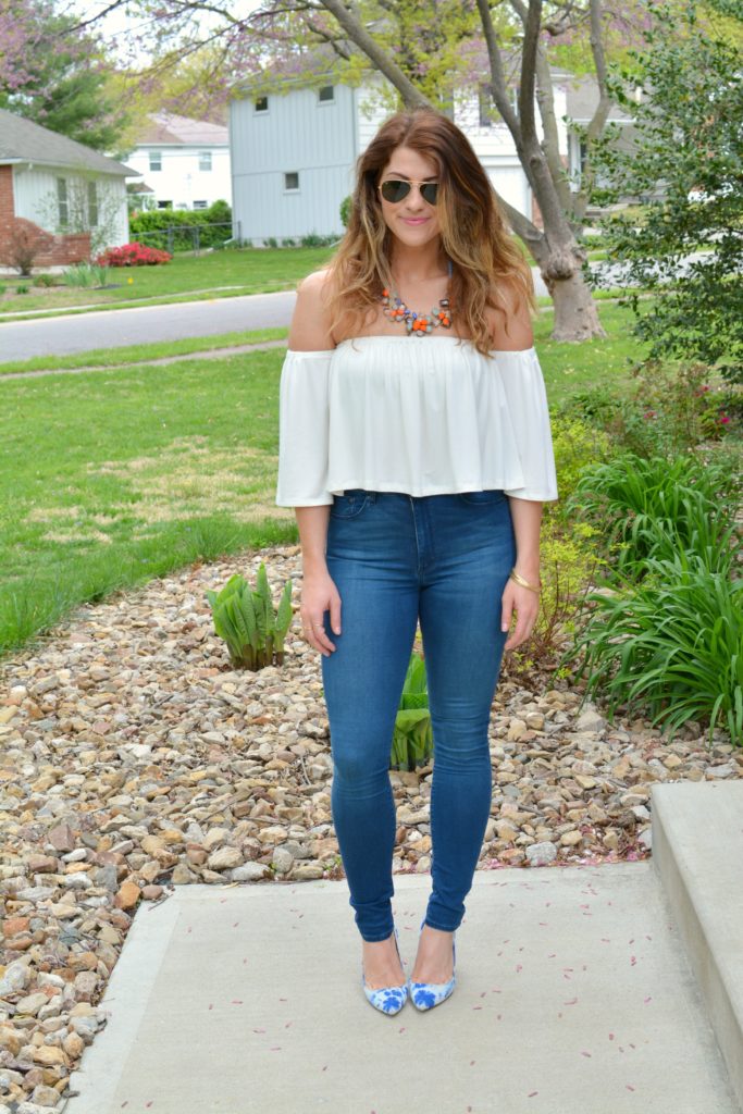 Ashley from LSR in the Rachel Pally off-the-shoulder top and tie dye pumps