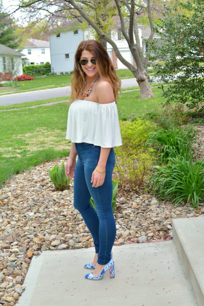 Ashley from LSR in the Rachel Pally off-the-shoulder top and tie dye pumps