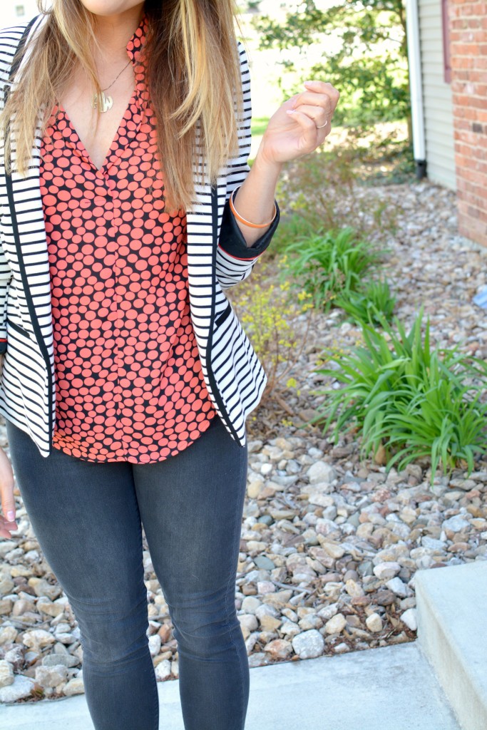 Ashley from LSR in a striped blazer and a printed blouse