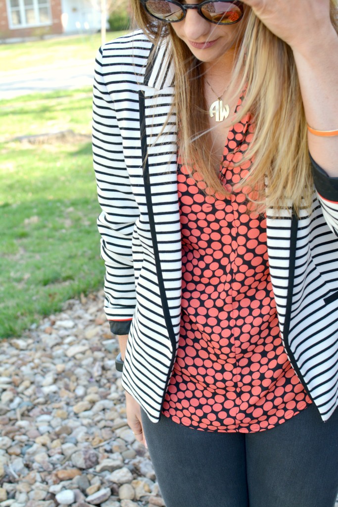 Ashley from LSR in a striped blazer and a printed blouse