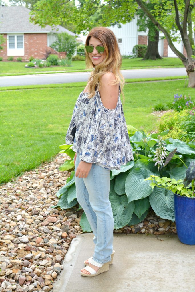 Ashley form LSR in a boho off-the-shoulder top and men's H&M jeans