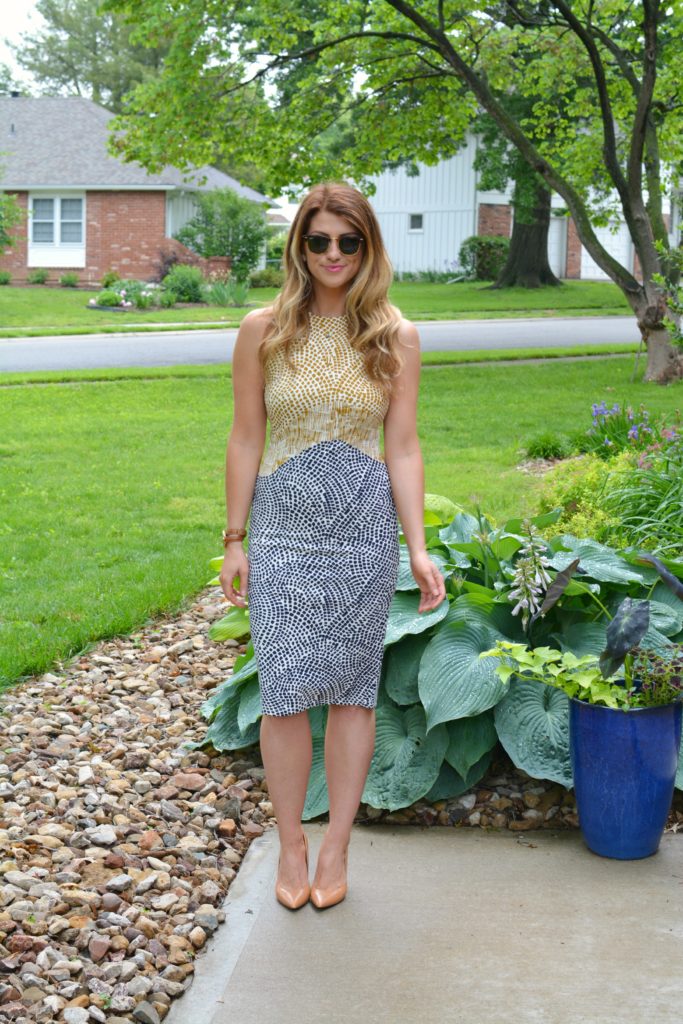 Ashley from LSR in a printed H&M sheath dress and Nine West pumps