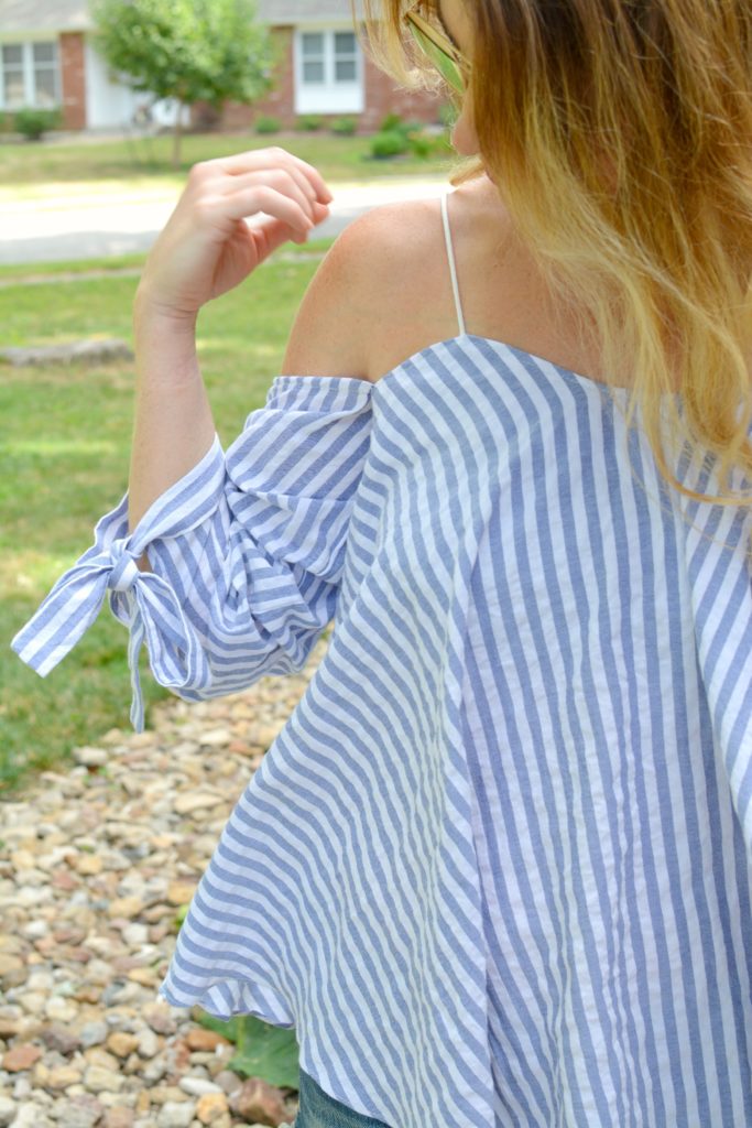 Ashley from LSR in an off-the-shoulder striped top