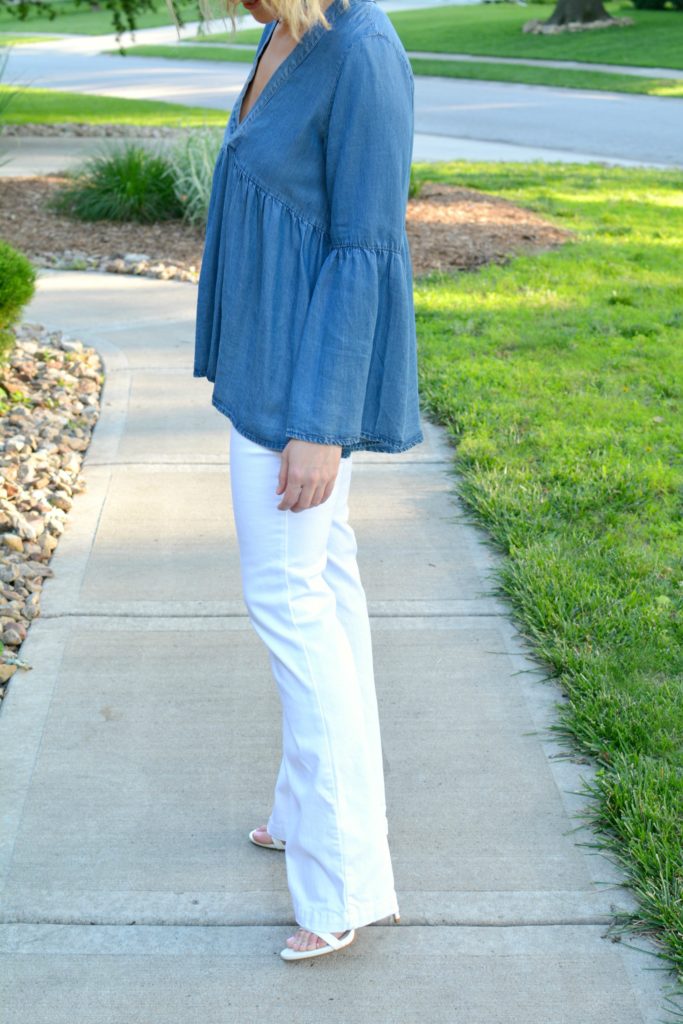 Ashley from LSR in a denim peasant top and white Silver Jean Co flares