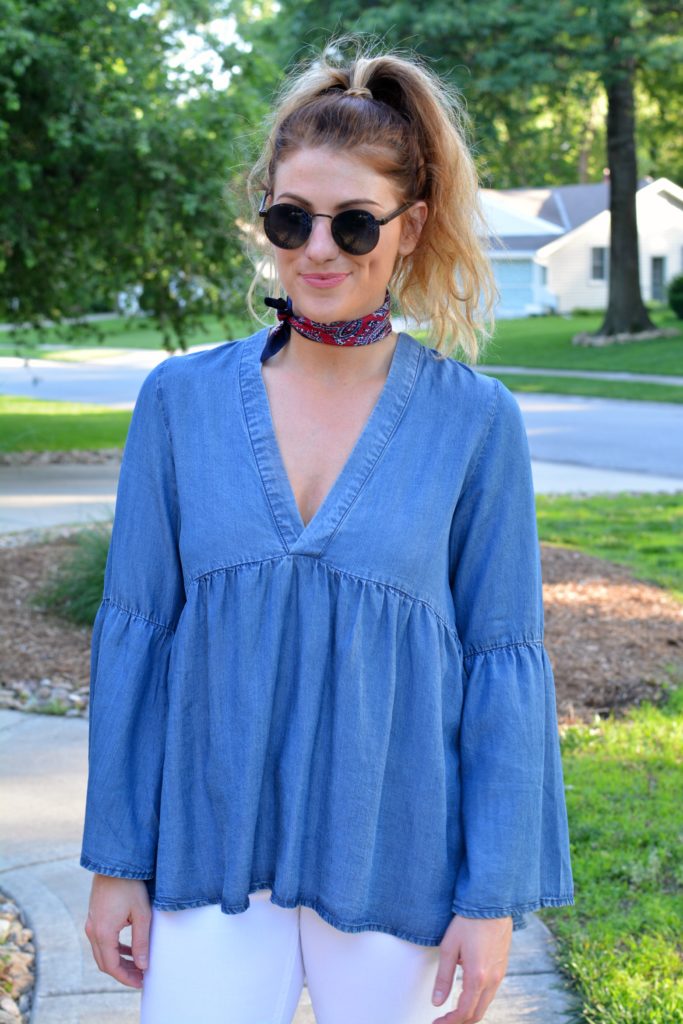 Ashley from LSR in a denim peasant top and white Silver Jean Co flares