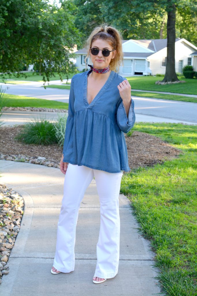 Ashley from LSR in a denim peasant top and white Silver Jean Co flares