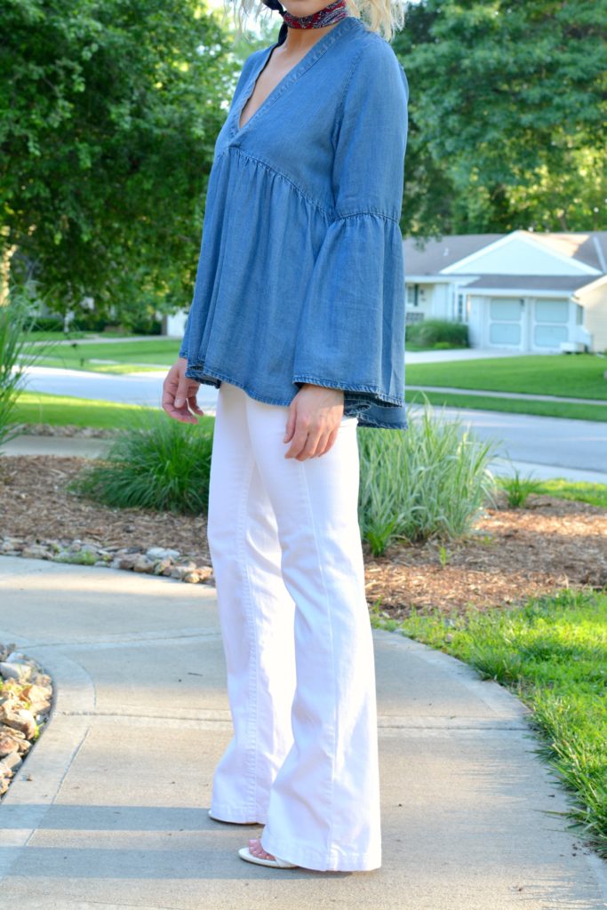 Ashley from LSR in a denim peasant top and white Silver Jean Co flares