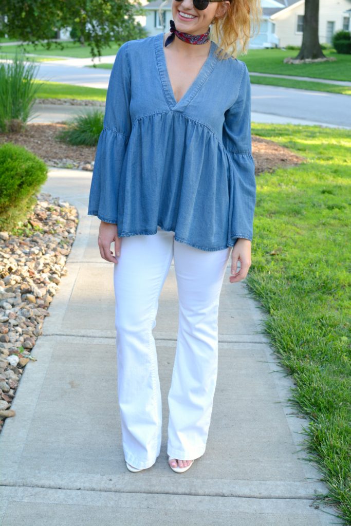 Ashley from LSR in a denim peasant top and white Silver Jean Co flares
