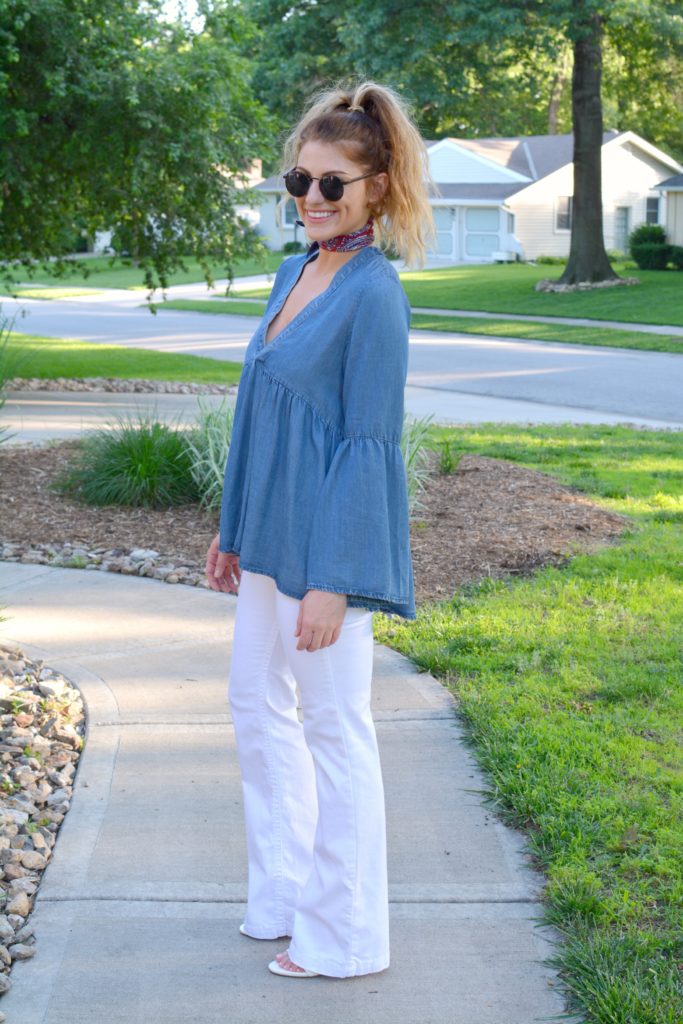 Ashley from LSR in a denim peasant top and white Silver Jean Co flares