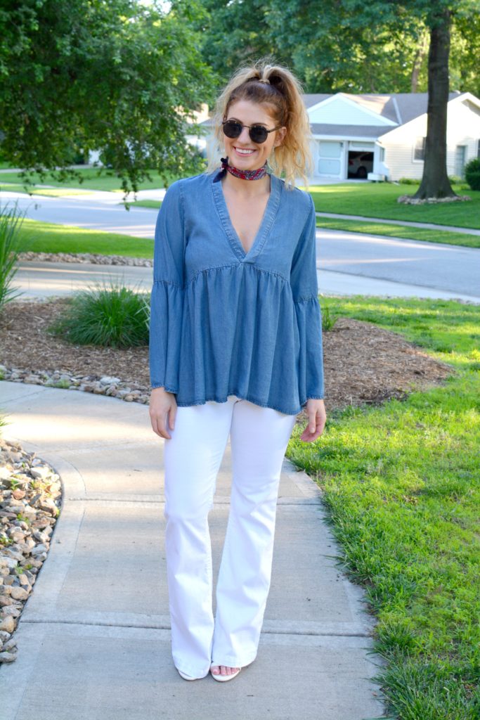 Ashley from LSR in a denim peasant top and white Silver Jean Co flares