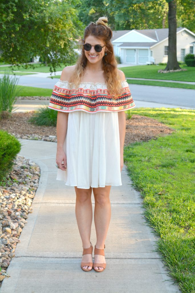 Ashley from LSR in an off-the-shoulder embroidered dress with leather wedges