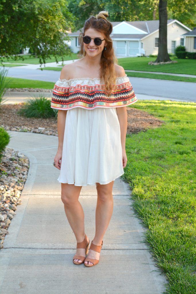 Ashley from LSR in an off-the-shoulder embroidered dress with leather wedges