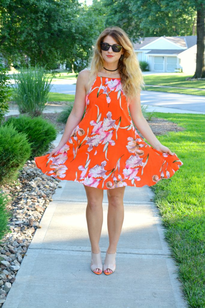 Ashley from LSR in an orange Minkpink dress, mule sandals, and Zac Posen sunglasses