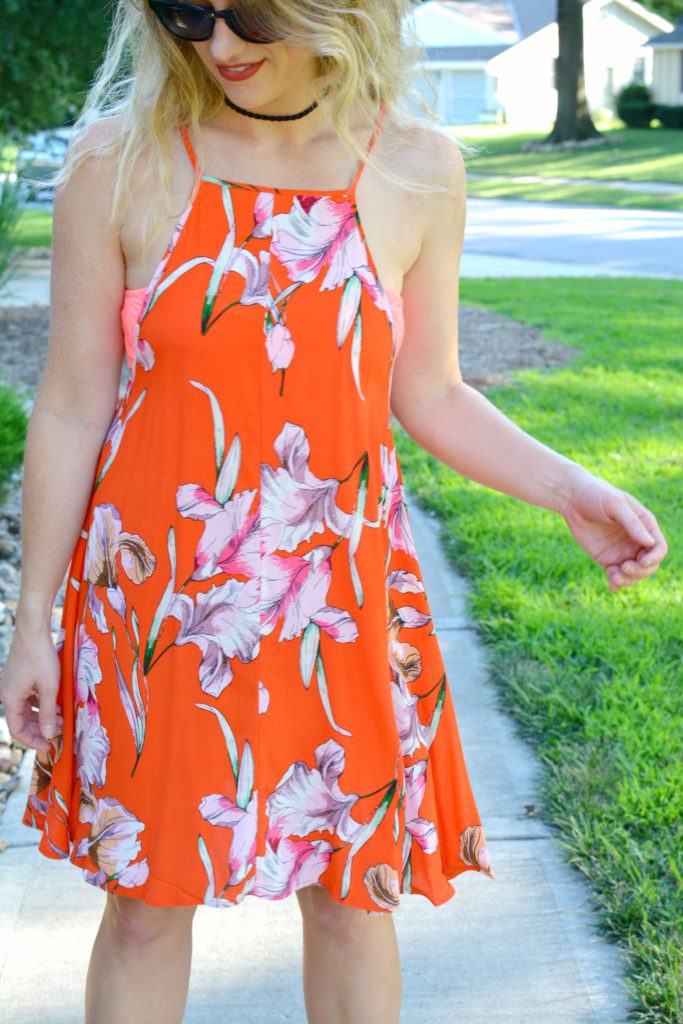 Ashley from LSR in an orange Minkpink dress and Zac Posen sunglasses