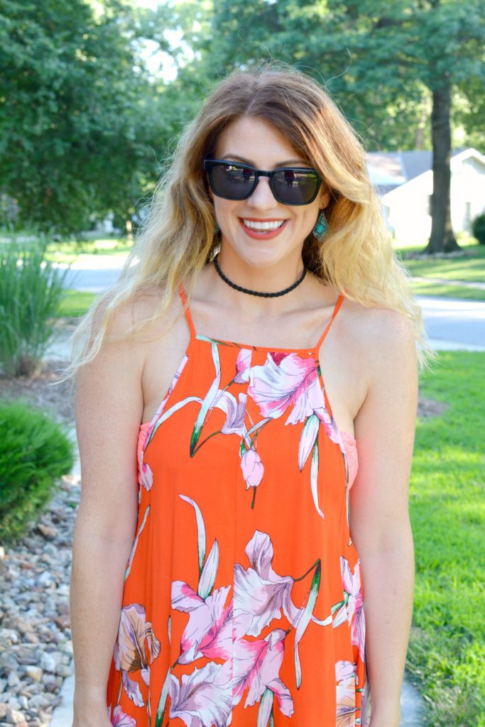 Ashley from LSR in an orange Minkpink dress and Zac Posen sunglasses