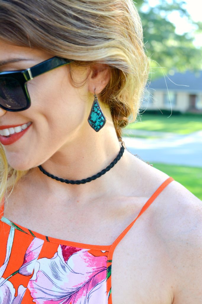 Ashley from LSR in an orange Minkpink dress and Kendra Scott Alex earrings 