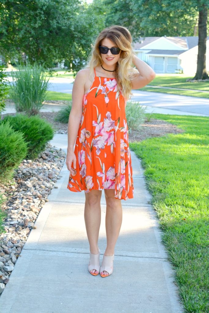 Ashley from LSR in an orange Minkpink dress, mule sandals, and Zac Posen sunglasses