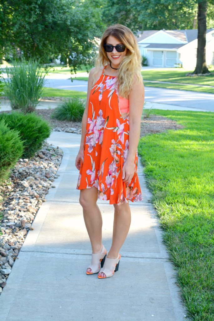 Ashley from LSR in an orange Minkpink dress, mule sandals, and Zac Posen sunglasses