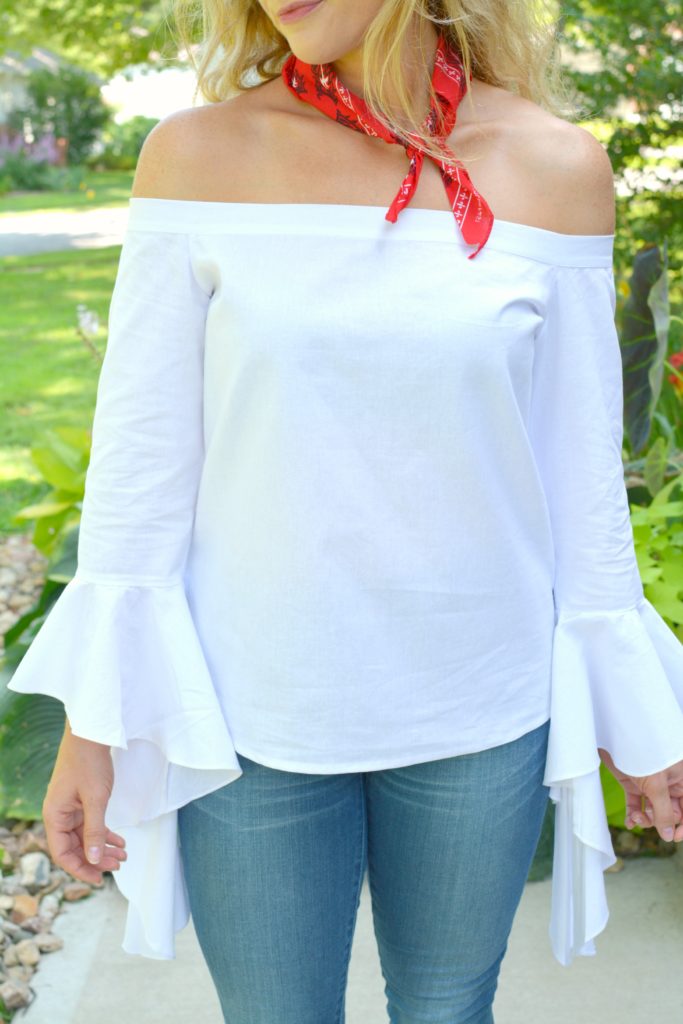 Ashley from LSR in a white off-the-shoulder statement blouse and The Limited denim,